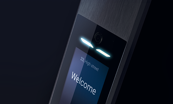 The image shows the interface of the Linea 5000 entrance panel with the word “Welcome.”