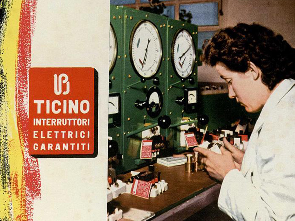 Female worker, 1960s circa, inspecting BTicino electrical switches at a workstation with large indicators and control panels. The 1950 BTicino logo is visible.