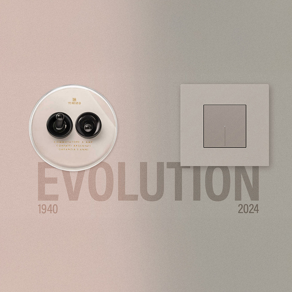 Comparison of a round 1940 light switch and a modern square 2024 switch with EVOLUTION text between them.