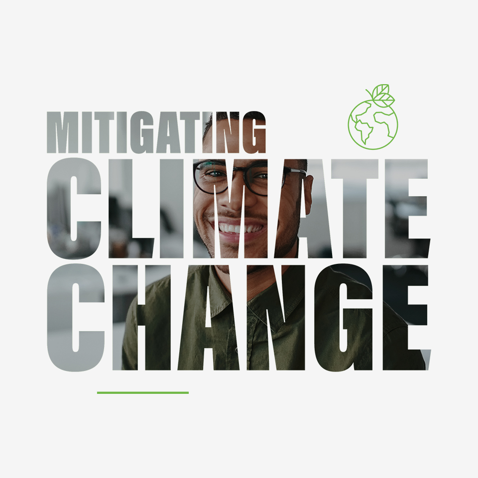 Text overlay on image of a smiling young man: Mitigating Climate Change.