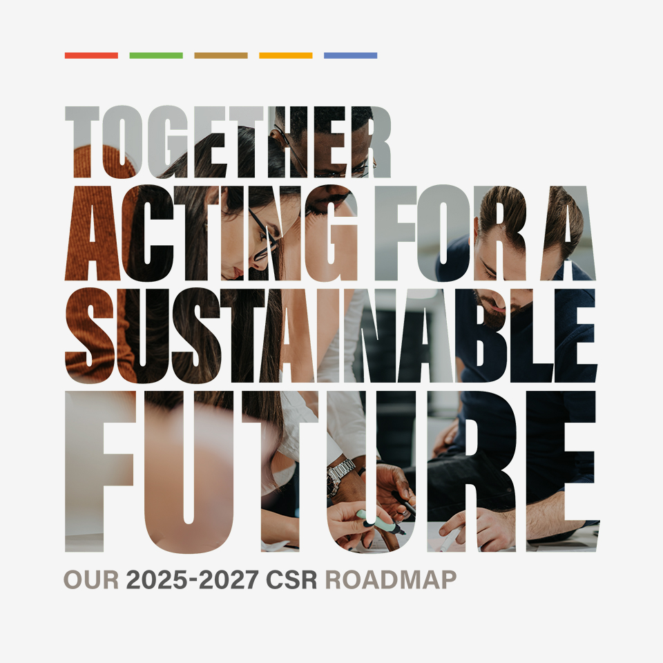 Text overlay on image of people collaborating: Together Acting for a Sustainable Future. Our 2025-2027 CSR Roadmap.