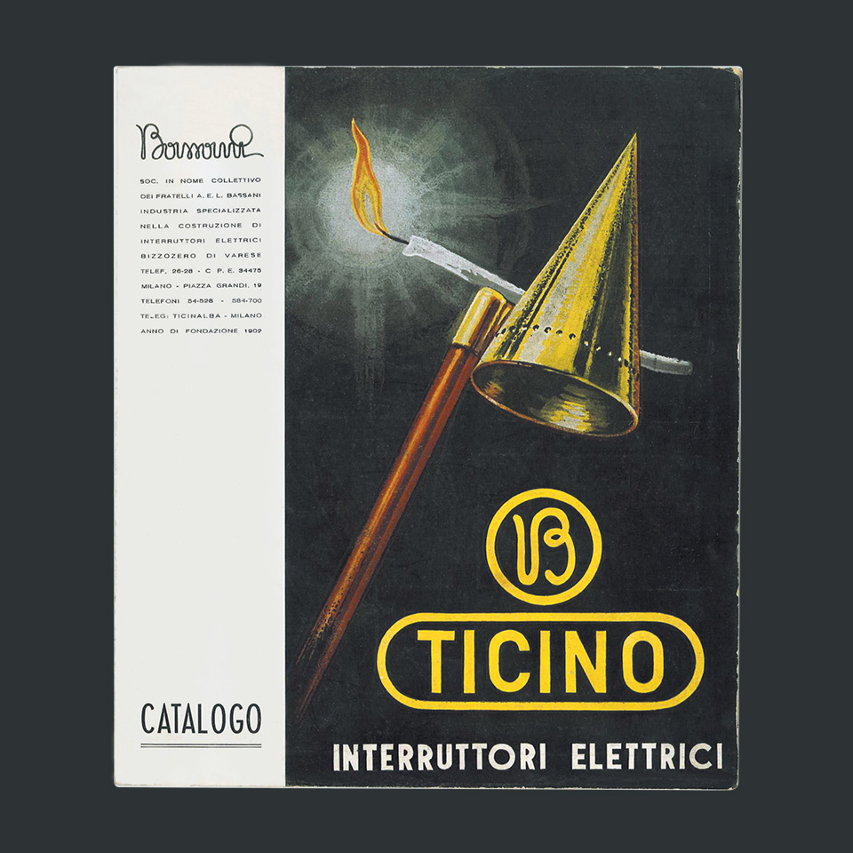 BTicino electrical switches catalogue from the 50s with a vintage illustration of a lit small candle on a metallic cone-shaped candle snuffer.