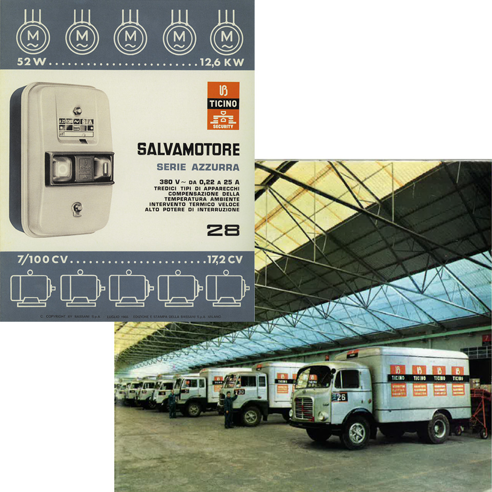 Salvamotore electrical device advertising and a view of the BTicino pickup trucks inside a large industrial garage.
