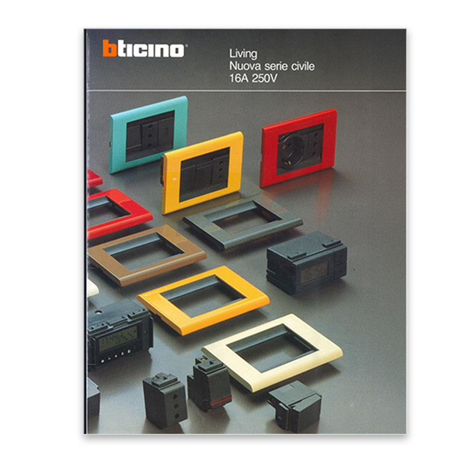 Assorted colored electrical switch and socket frames from the Living series, featured in the Wiring devices catalogue.
