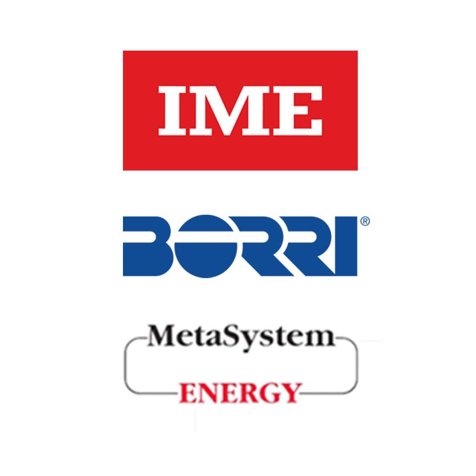 Logos of IME, BORRI, and MetaSystem Energy displayed vertically on a white background.