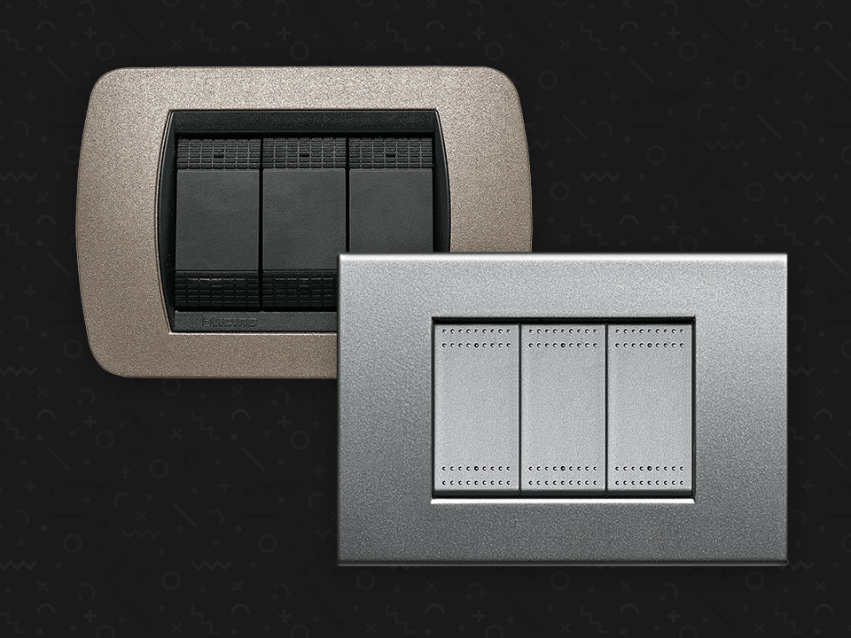 Two BTicino Livinglight cover plates on a dark background: a rounded bronze one and a square silver one.