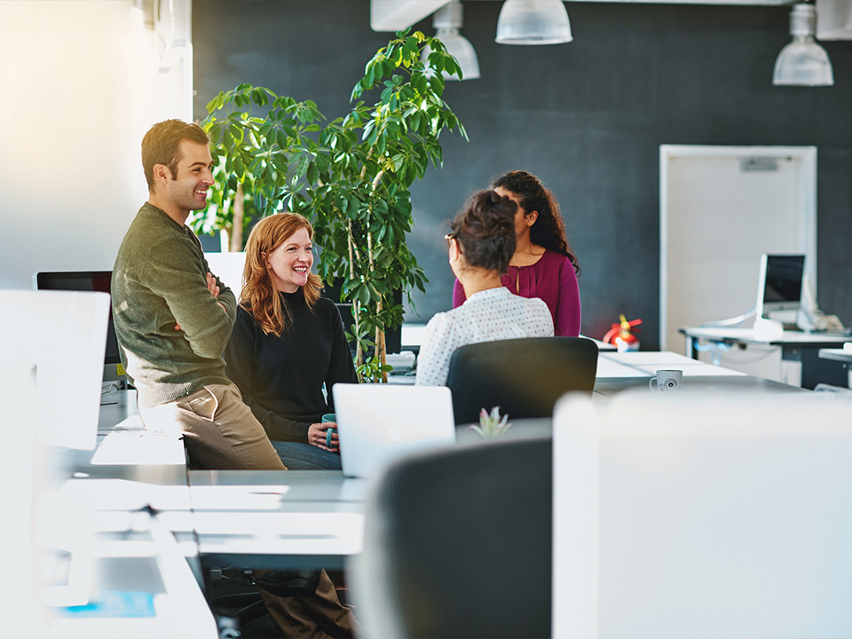 Colleagues smiling while talking in an office