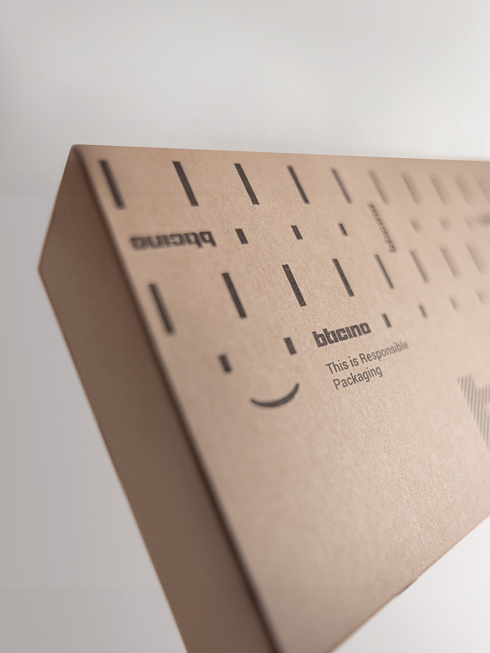 A cardboard box labeled BTicino with the text This is Responsible Packaging.