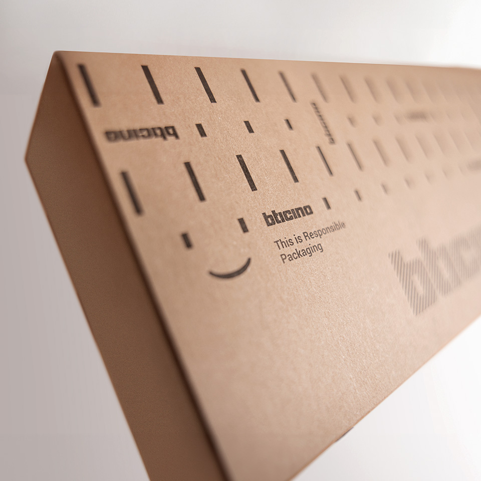 Close-up of a brown cardboard box labeled BTicino with text stating This is Responsible Packaging.