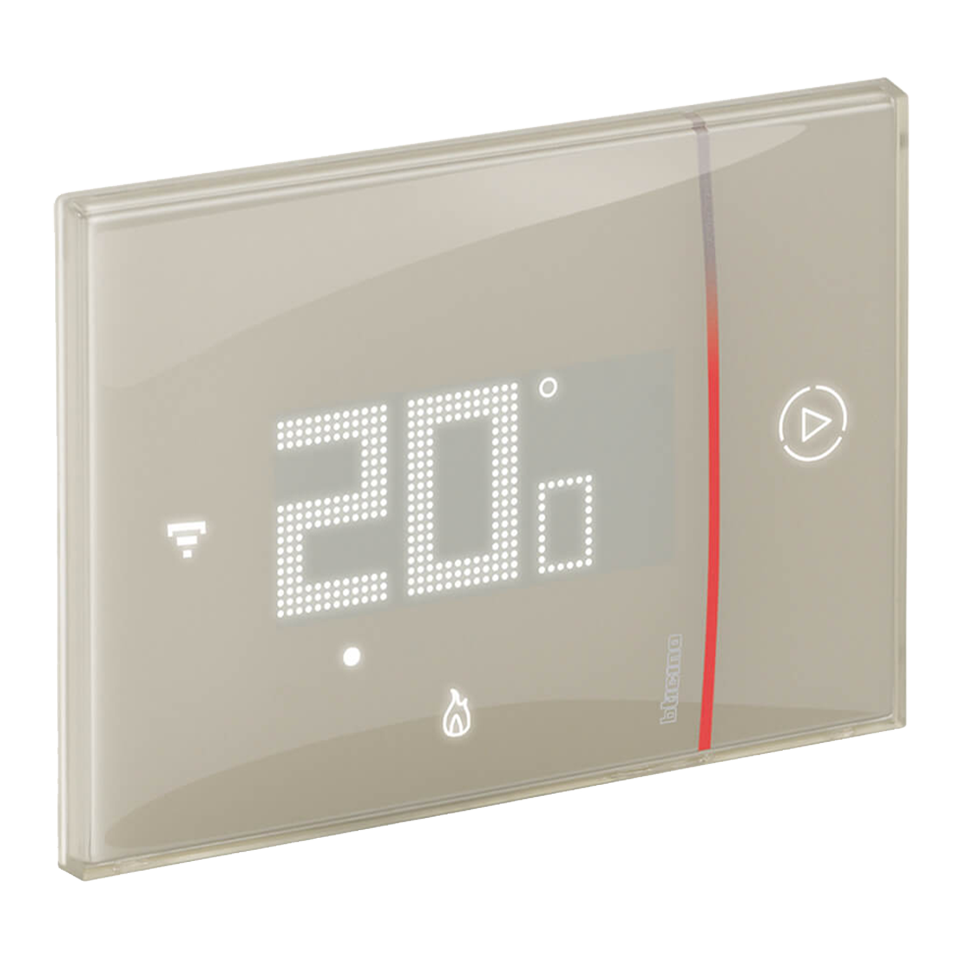 BTicino Smarther thermostat in sand color, displaying 20°C, with touch controls and icons on the screen.