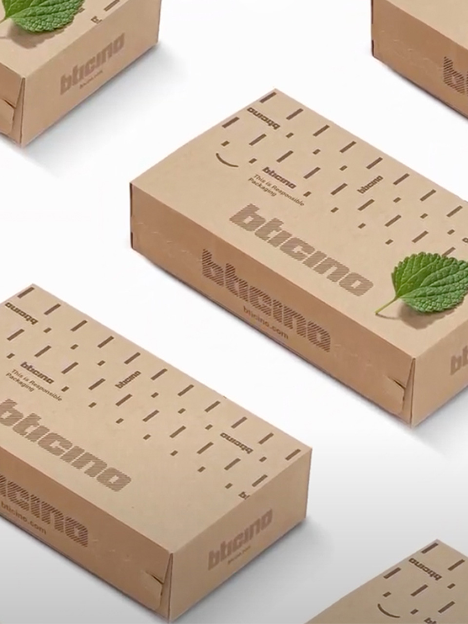 Several BTicino cardboard boxes are arranged on a white surface, each with a green leaf on top.