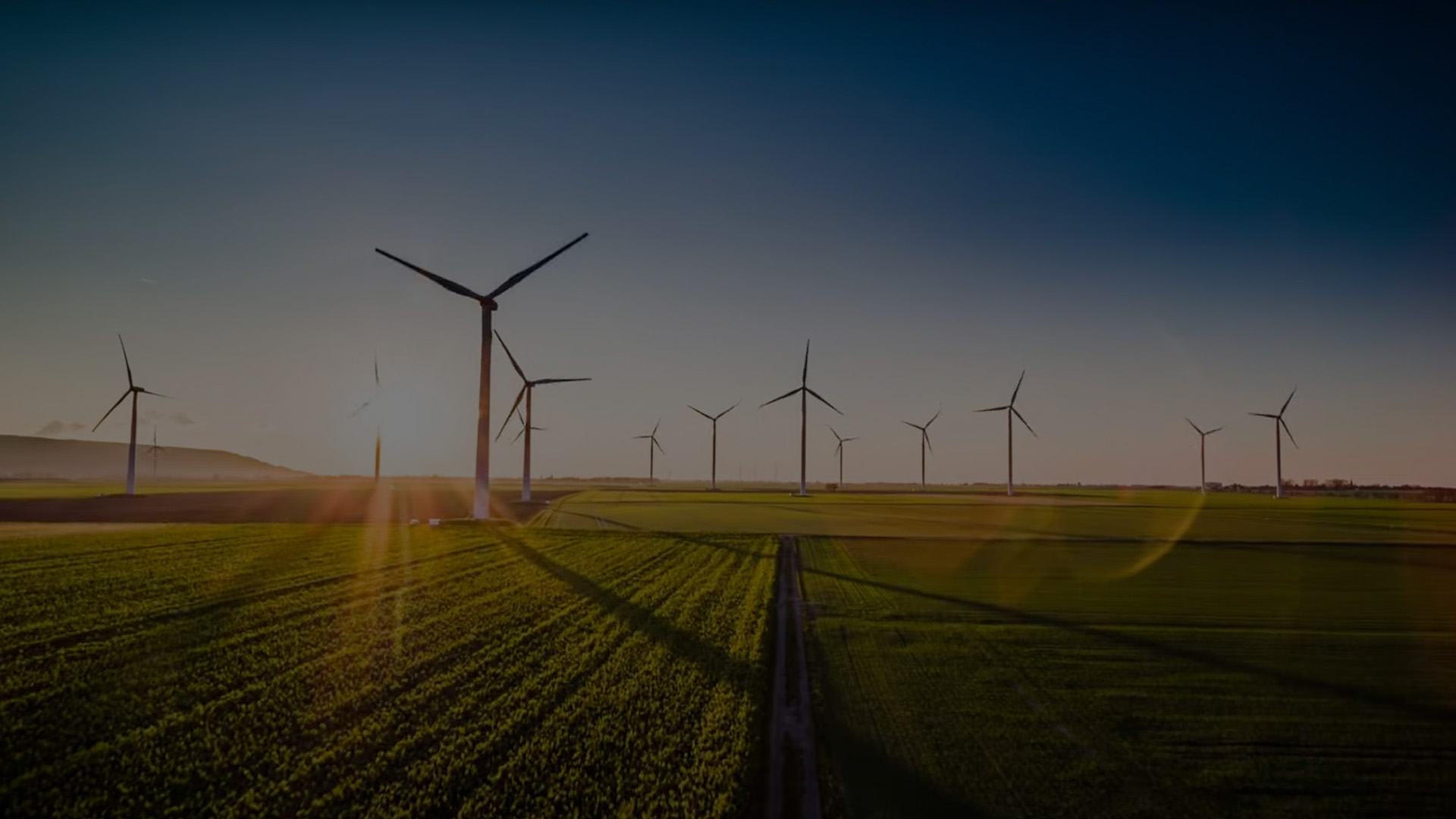 Wind turbines in a green field under a clear blue sky at dawn.