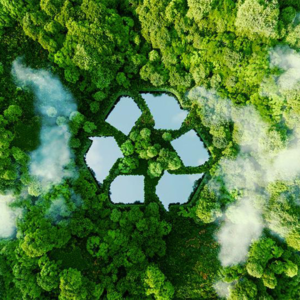 Aerial view of a forest with ponds shaped like a recycling symbol, surrounded by dense green trees and clouds.