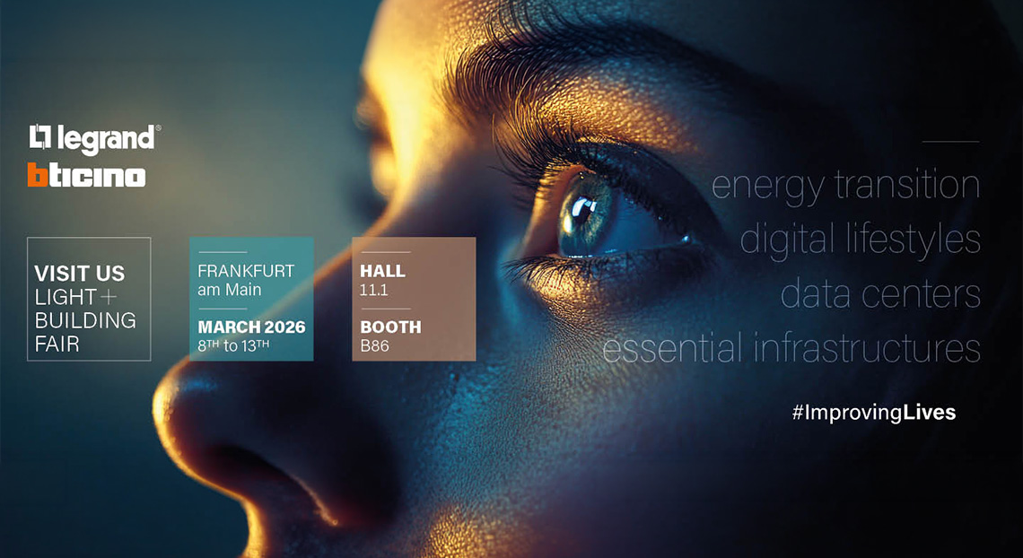 Close-up of a person's eye with event details for Light and building fair in Frankfurt, March 2026, on the left.