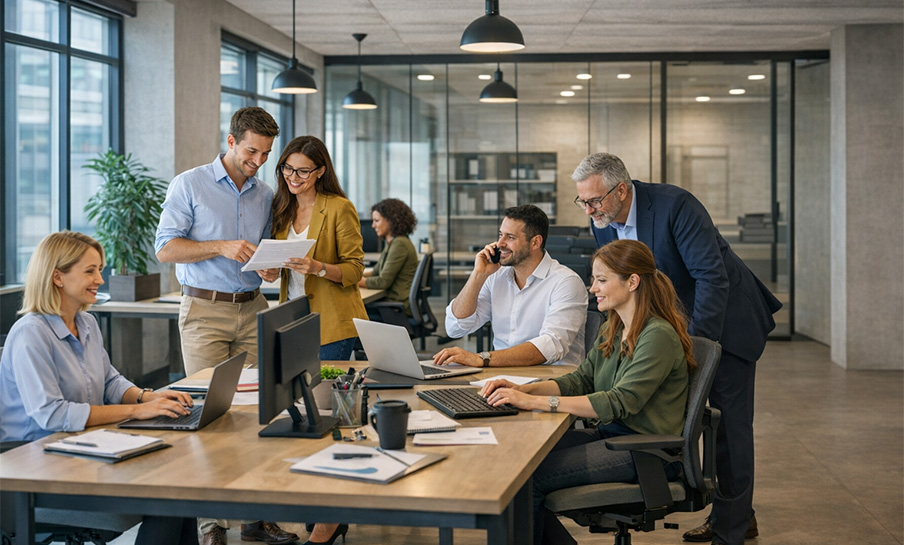 Six people collaborate in a modern office space, working on laptops and reviewing documents at shared desks.