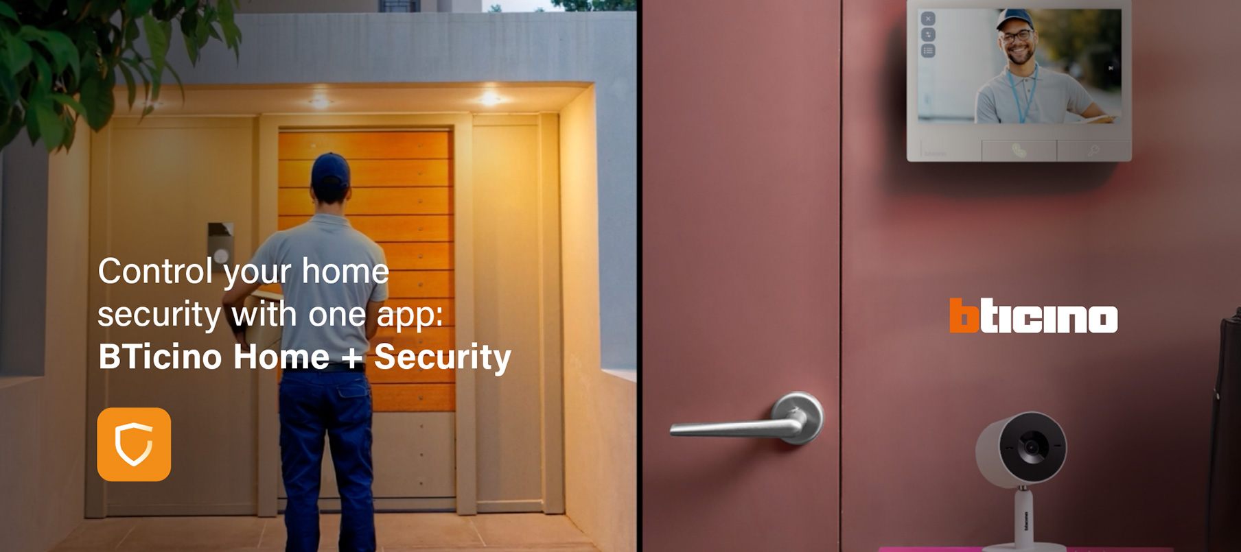 A man stands at a front door, shown on a security camera monitor and device, with BTicino Home + Security logo