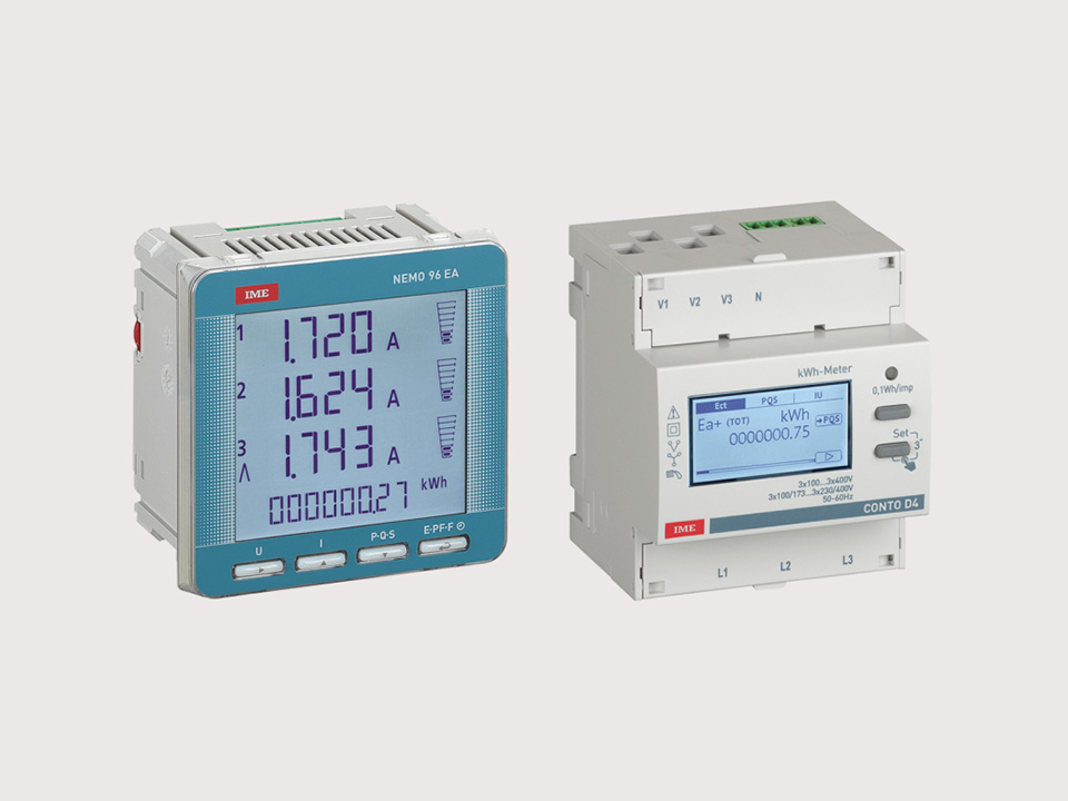 IME's NEMO 96 EA multifunction unit and CONTO 04 energy meter are displayed side by side on a light background.