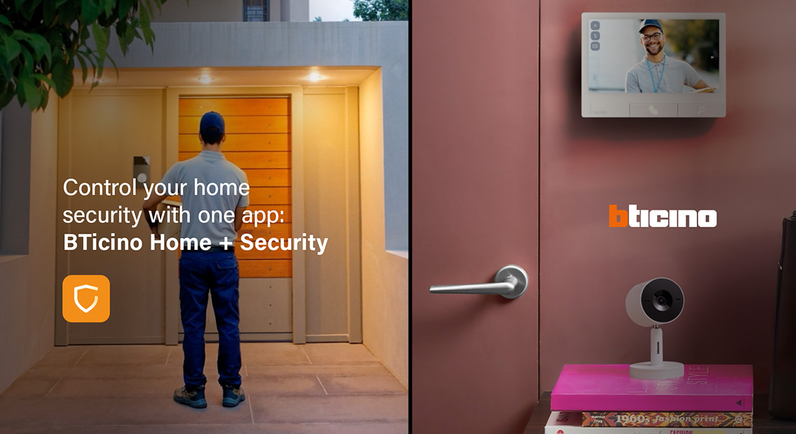 A man stands at a front door, shown on a security camera monitor and device, with BTicino Home + Security logo.