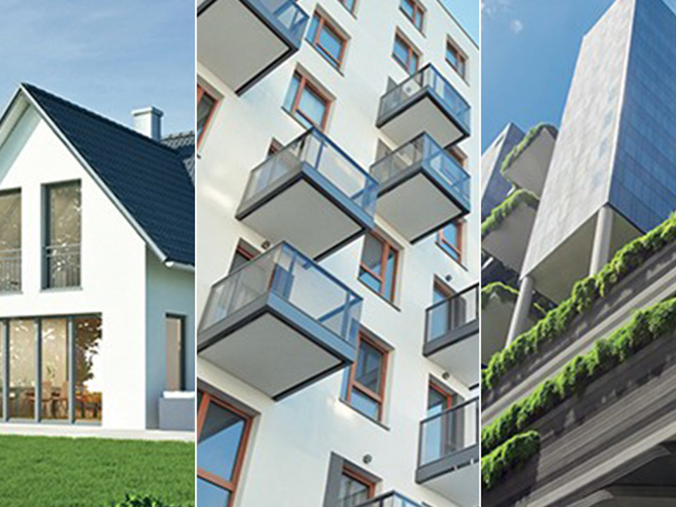 House, apartment building and office building representing different installation settings