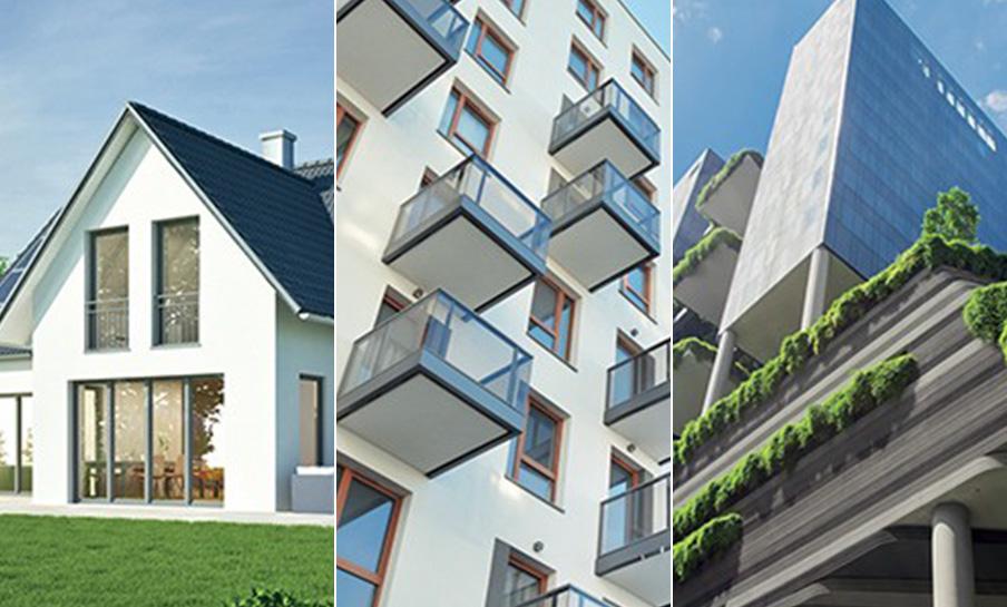 House, apartment building and office building representing different installation settings